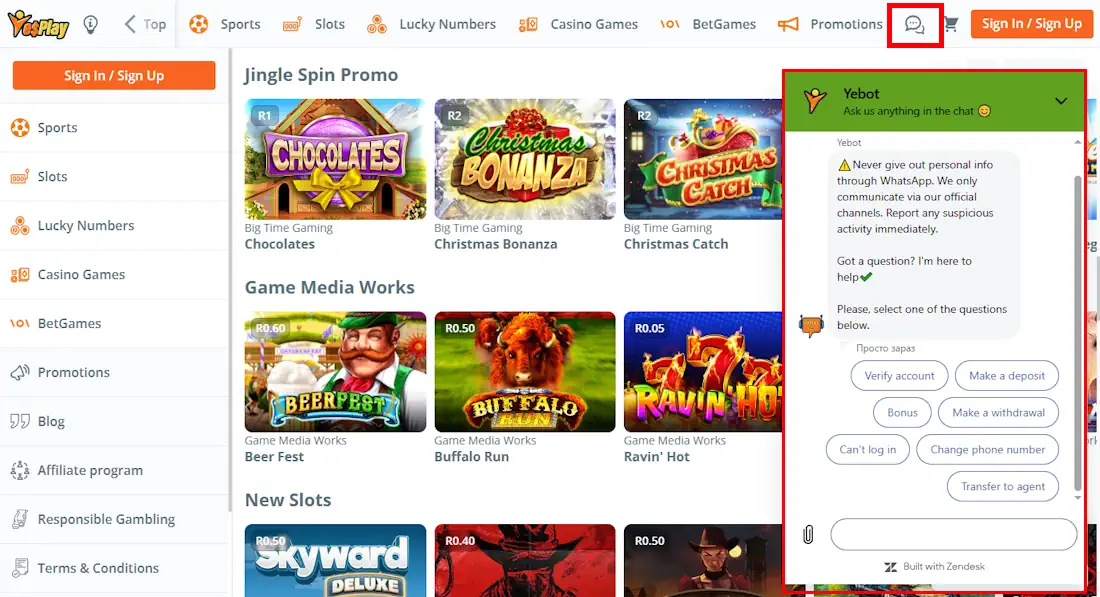 YesPlay Live Chat Screenshot